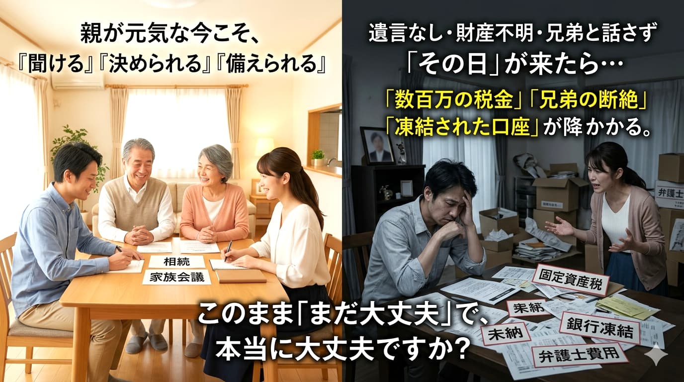 相続 親の終活 事前 手続きと対策「『遺言』『財産』『兄弟と話しあい』」「税金」「争族」「口座凍結」